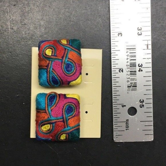 Multicolor Thread Clip Earrings As Is Abstract Embroidery Floss Retro BoHo - Picture 5 of 5
